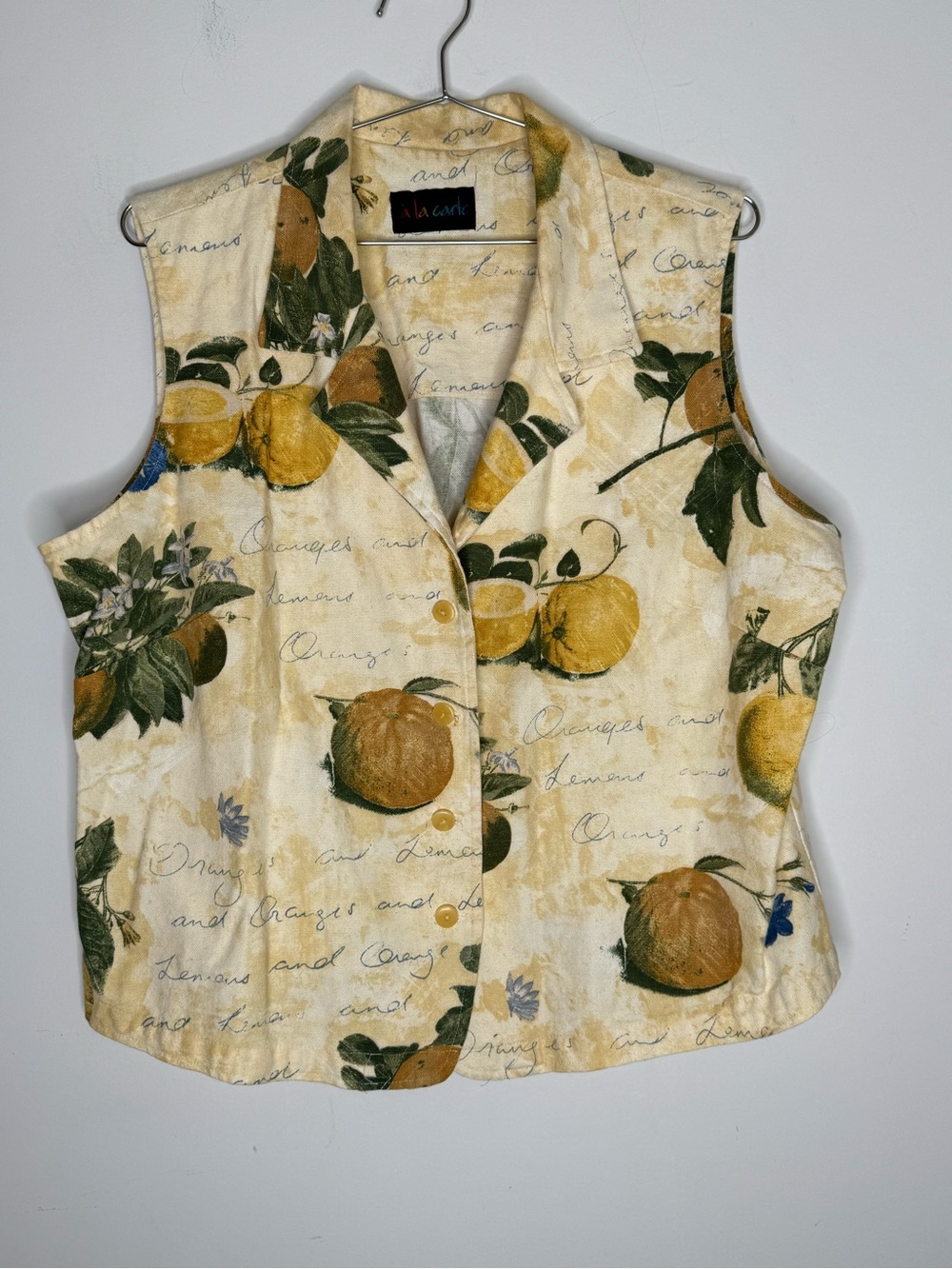 Vintage A La Carte Lemon Print Cottage Core Size XL Vest Cotton Linen 90s Yellow